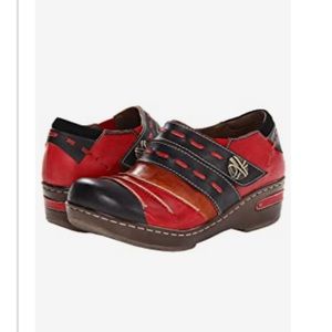 Spring Step L'- Sherbet B-Black, Orange & Red Leather slip on clogs- Size 37 NWT